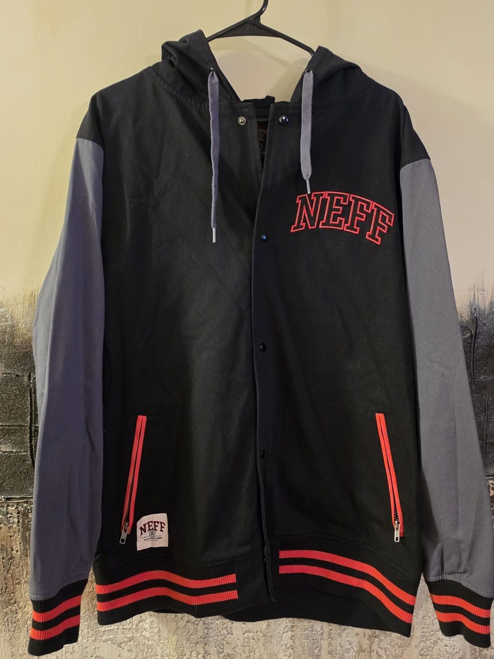 NWOT Neff Black & Gray Hooded Bomber/Varsity Jacket with Red Trim